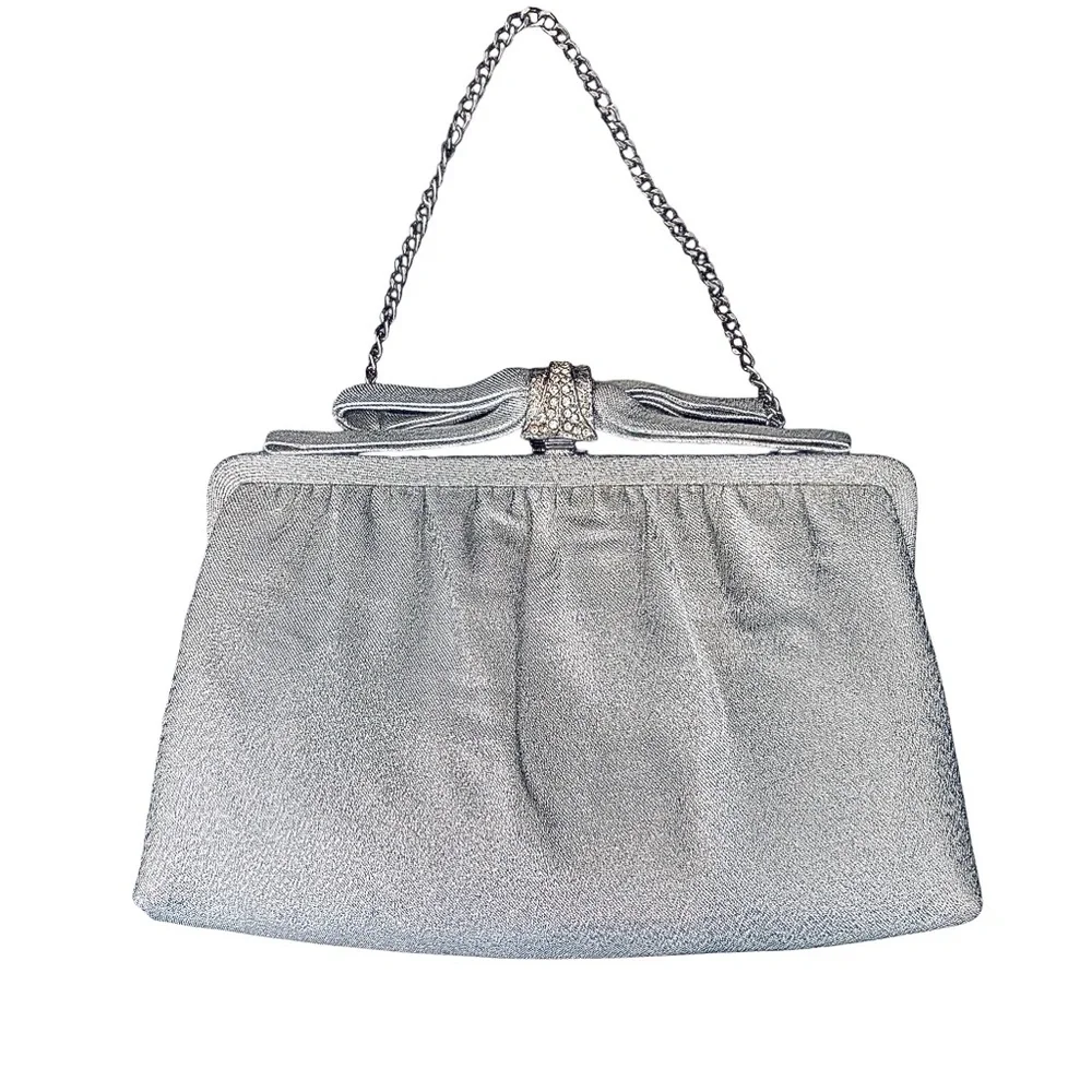 After Five Vintage Embellished Elegant Silver Metallic Clutch With Rhinestones